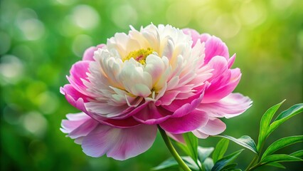 Fototapeta premium Elegant Pale Pink and White Peony Flower on Green Background - Stock Photo