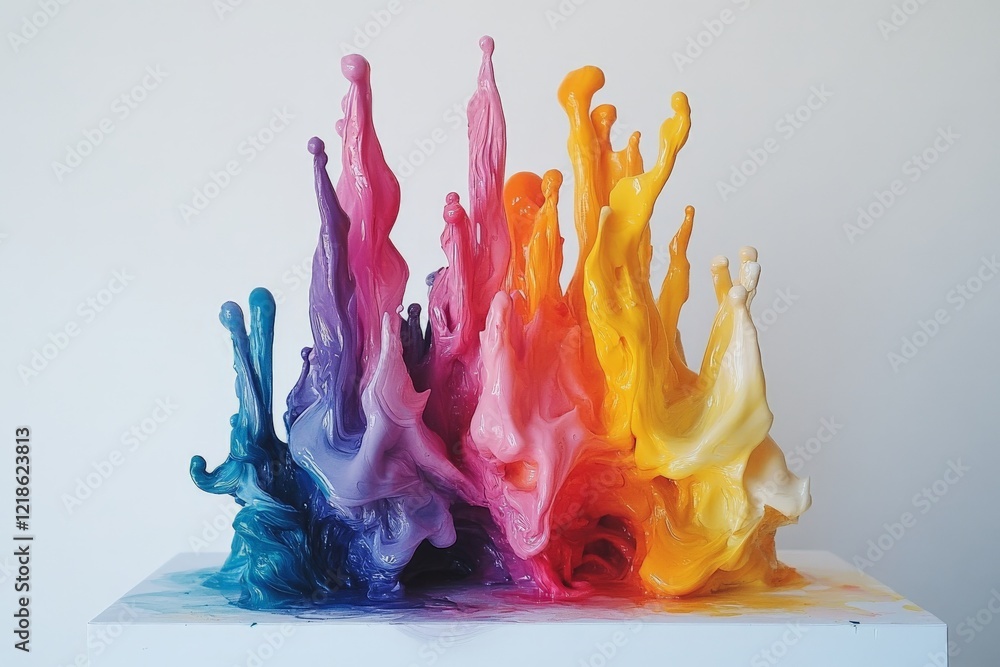 Poster vibrant colors create a dynamic abstract sculpture in a creative art studio setting