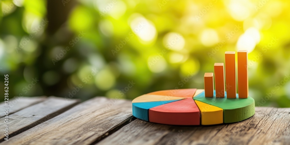 Poster colorful pie chart and bar graph representing data analysis and growth on wooden table with blurred 