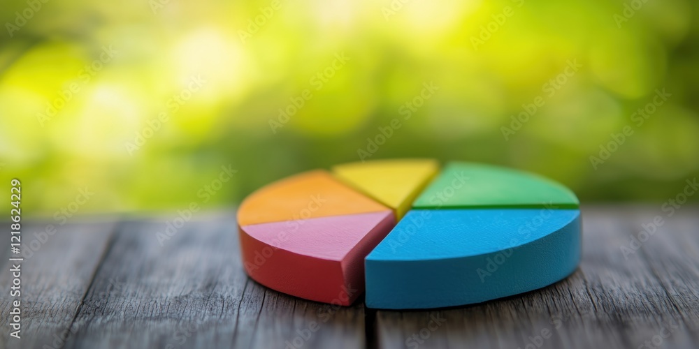 Poster colorful pie chart model representing data distribution on wooden table with blurred green backgroun