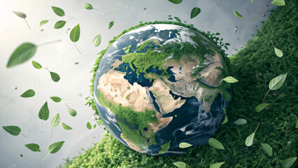 Earth surrounded by green leaves symbolizing environmental care
