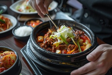 Korean Hot Pot Stew With Meat And Vegetables Garnished