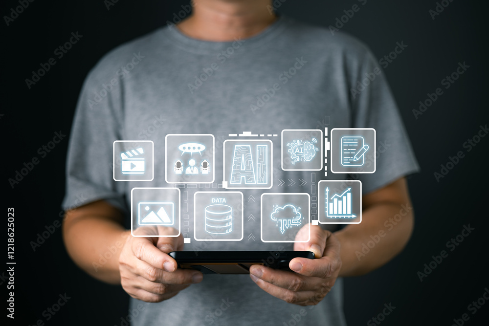 Poster a man holds an ai icon while using a mobile, representing marketers who conduct research and analysi