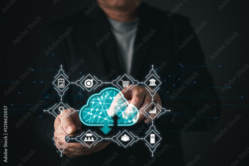 Poster a man touches a cloud computing diagram, symbolizing cloud technology for data storage, secure backu