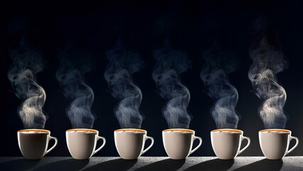 A collection of steaming cups of hot coffee fills the table, creating a warm and inviting atmosphere. The rich aroma and soothing steam enhance the cozy and comforting vibe of the space.