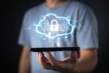 cloud computing diagram on a hand shows data storage and online digital network technology, supporting business, digital marketplaces, and seamless upload, download, transfer, and management of data.