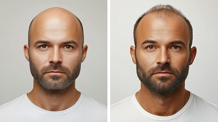 concept treatment of alopecia in men, hair transplant, two photos of a man before and after treatment of alopecia, balding and with hair