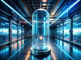 Futuristic Transparent Capsule Mockup: Empty High-Tech Display Showcase for Space Travel & Time Machine Design
