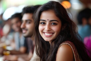 Fototapeta premium Smiling young woman enjoying conversation with friends at a lively outdoor cafe