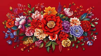 Vibrant bouquet with intricate floral designs, elegantly placed on a rich red background-4