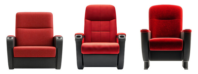 Three red theater chairs isolated on a transparent background for design use