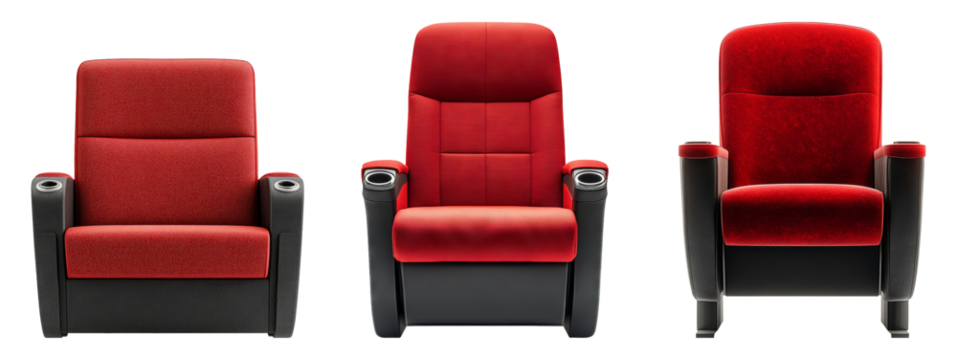 Three red theater chairs isolated on a transparent background for design use