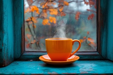 Cozy autumn morning with steaming cup of coffee on a vibrant windowsill overlooking colorful foliage