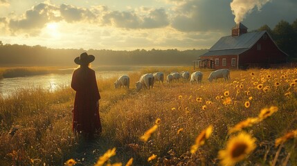 Fototapeta premium A serene sunset scene featuring a woman in a red dress overlooking sheep near a farmhouse
