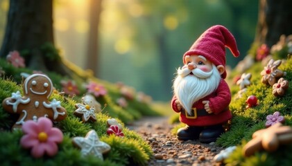 Obraz premium Gnome's garden with gingerbread cookies and festive decorations, magical, gnome, greenery