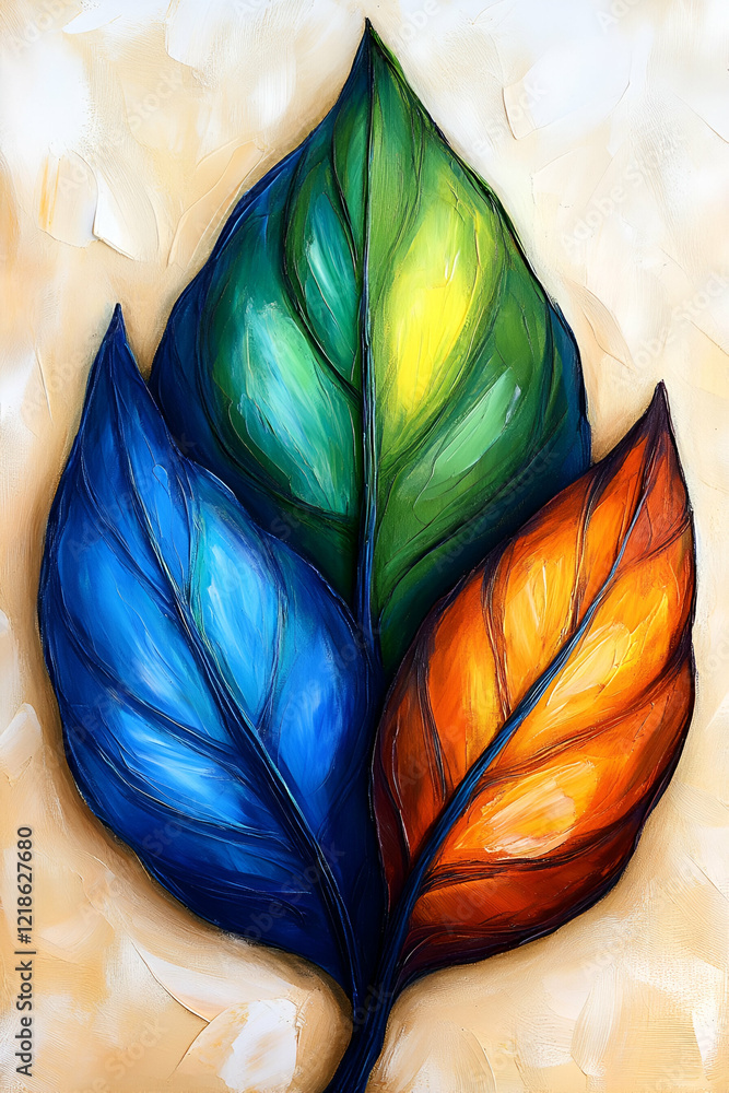 Sticker A vibrant illustration of three stylized leaves in blue, green, and orange against a soft, light background, showcasing a blend of colors and artistic flair.