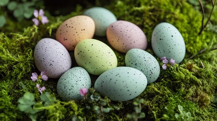 A collection of pastel-colored Easter eggs rests nestled in a bed of green moss