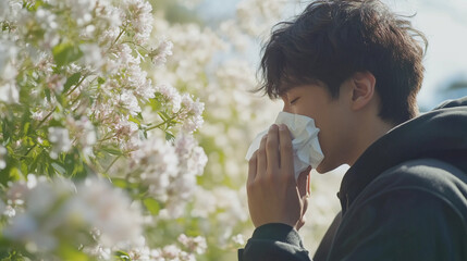Man sneezing near blooming flowers in springtime
