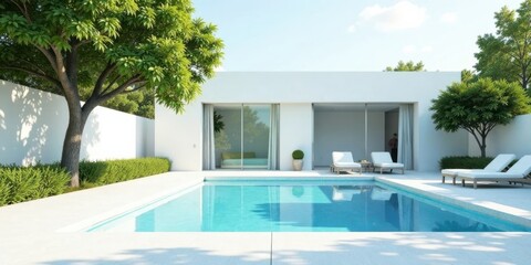 Fototapeta premium Serene Modern Home with Luxurious Pool and Lush Landscaping Featuring Minimalist Architecture and Tranquil Outdoor Living Space