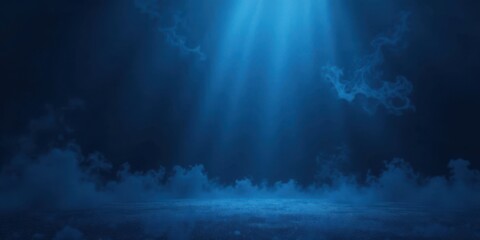 Fototapeta premium Mysterious Deep Blue Night Scene with Ethereal Light Beams and Low-Lying Clouds