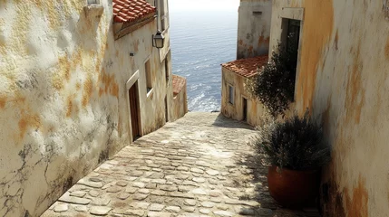 Coastal village alleyway, ascending stone path, ocean view, terracotta roofs