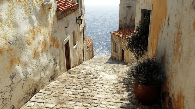 Coastal village alleyway, ascending stone path, ocean view, terracotta roofs