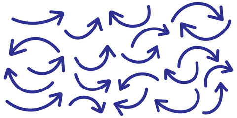 Set of Blue Hand drawn vector arrows doodle on white background. Hand drawn brush vector arrows. Hand drawn organic arrow set. Hand drawn arrow vector icons set. Blue sketch arrow set. 