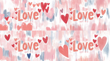 Hand-drawn "Love" with heart accents, soft red, pink, and white background-1