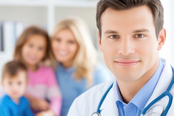 Fototapeta premium Young male doctor engaging with family in a minimalistic clinic while explaining medical report in a relaxed environment