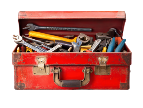 Isolated Open Red Toolbox with Tools