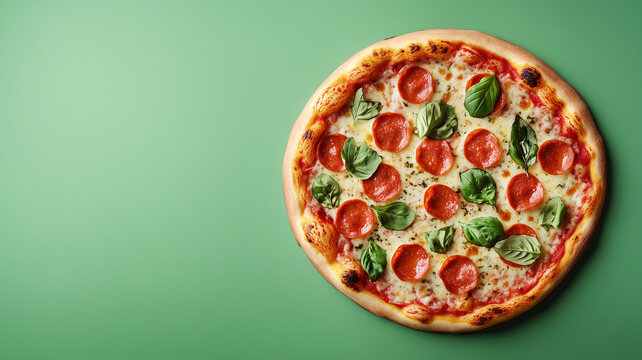 Pizza on a green background with empty space for text. Italian cheerful fast food. Pizza banner photo style poster. Digital illustration. AI artwork. 