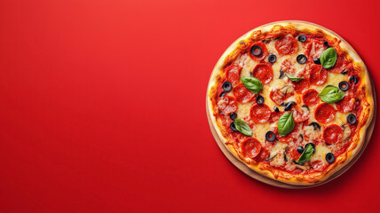 Pizza on a red background with empty space for text. Italian cheerful fast food. Pizza banner photo style poster. Digital illustration. AI artwork. 
