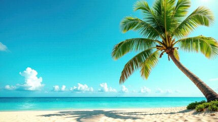Serene Coastal Scene  Palm Tree Leaning Over Pristine White Sand Beach and Azure Ocean Under a Bright Sunny Sky