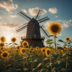 A sun-drenched summer windmill with tall sunflowers in the foreground.
