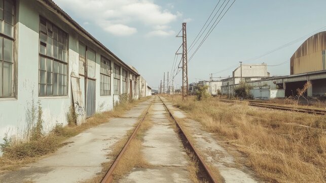 Overgrown railway tracks between abandoned industrial buildings on a sunny day. - Powered by Adobe