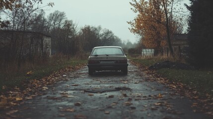 Rear view of a car on a deserted autumn road.