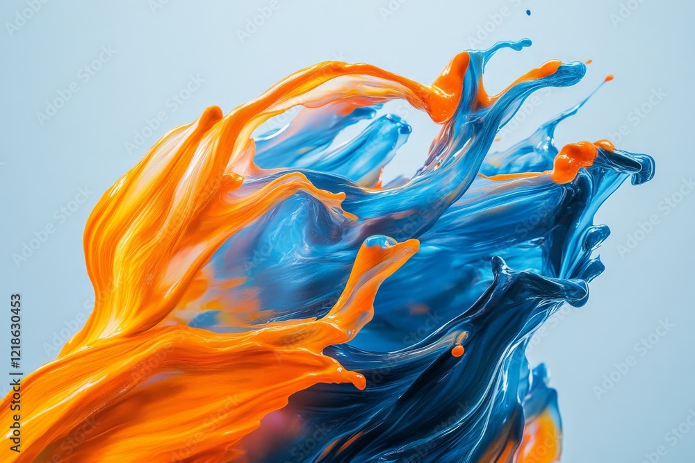 Poster dynamic splashes of orange and blue paint create an abstract artwork against a light background