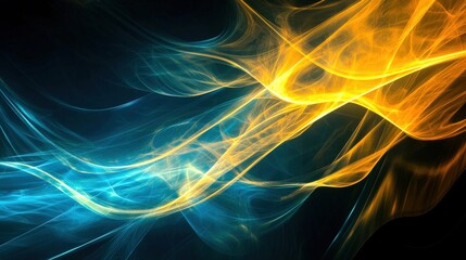 Fototapeta premium A dreamlike abstract background with swirling liquid colors of deep blues and golds, creating a molten effect, glowing softly under a subtle beam of light cutting through the darkness.