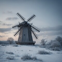 Obraz premium A windmill in a snowy winter landscape, with soft gray and blue tones.