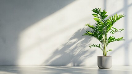 Stylish sunlit office in 3D rendering with a blank white wall, perfect for creative inspiration and modern design.