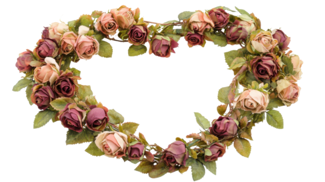 Heart shape frame layout with roses on transparent background 
