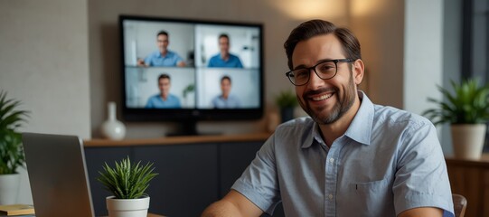 Fototapeta premium A professional man working from home, using a laptop for a video conference, with modern home decor and a productive atmosphere
