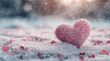 Obraz premium Heart-shaped snowflake gently resting on snow with soft backlight: Snowy Valentines Day Aesthetics