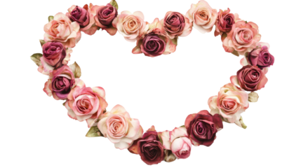 Heart shape frame layout with roses on transparent background