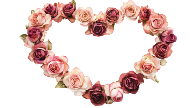 Heart shape frame layout with roses on transparent background 