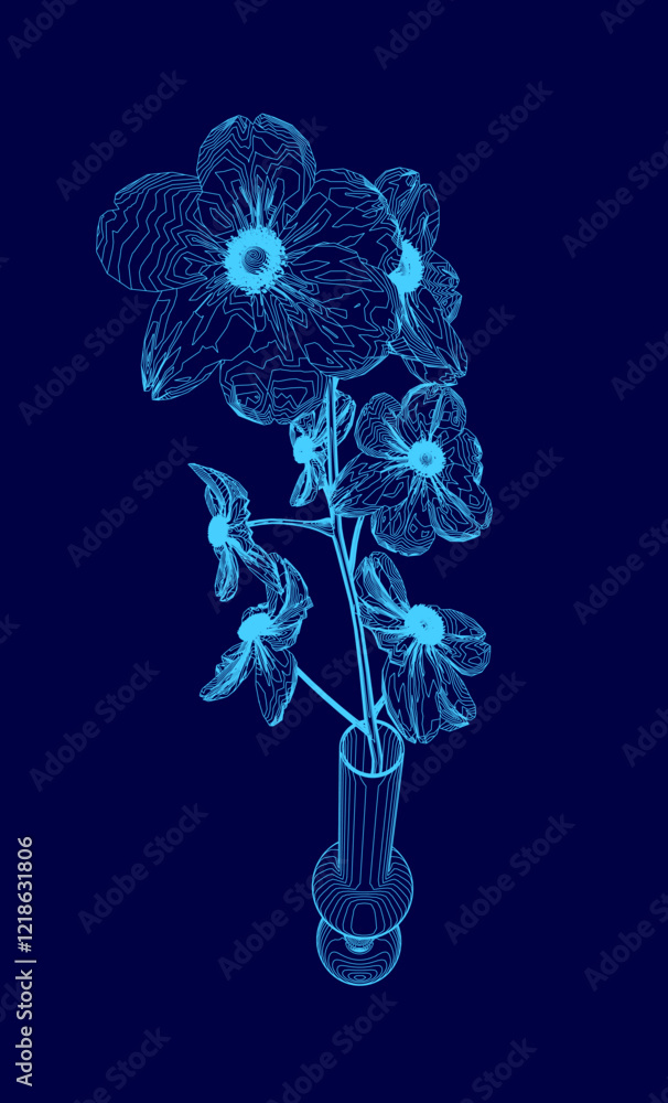 Poster blue flower with a vase in the middle. the vase is clear and has a stem. the flowers are arranged in