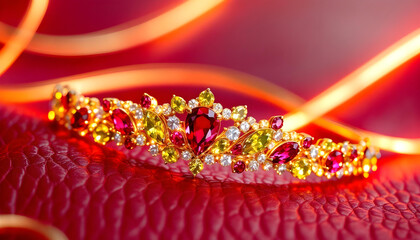 A radiant ruby-studded tiara surrounded by shimmering gemstones, set against a deep crimson background with golden accents