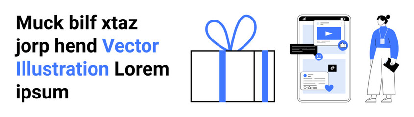 Gift-wrapped box, smartphone screen with video, chat, notifications, woman in casual outfit interacting. Ideal for e-commerce, digital marketing, online communication, social media user experience