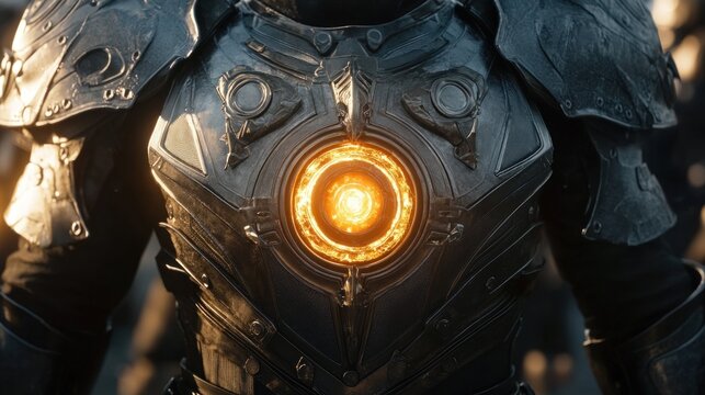 Close-up of futuristic armor with a glowing orange core showcasing intricate detail and design - Powered by Adobe