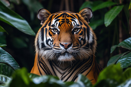 The fierce majesty and piercing gaze of a tiger in its natural habitat, using wildlife photography to emphasize its bold orange and black stripes.